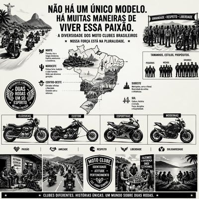 Infográfico sobre a diversidade dos Moto Clubes brasileiros, com mapa das regiões e diferentes tamanhos de clubes e estilos de motocicletas