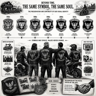 Linha do tempo de décadas mostrando o mesmo escudo de Moto Clube preservado ao longo dos anos