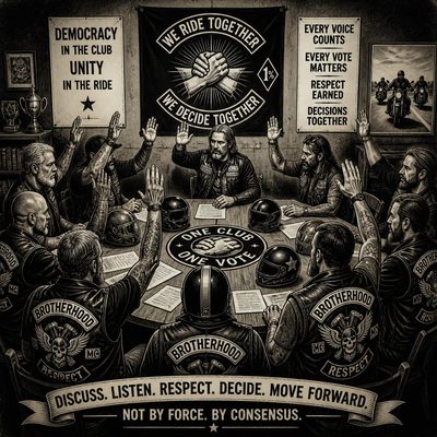 Integrantes de um Moto Clube reunidos em volta de uma mesa votando de forma coletiva em uma reunião