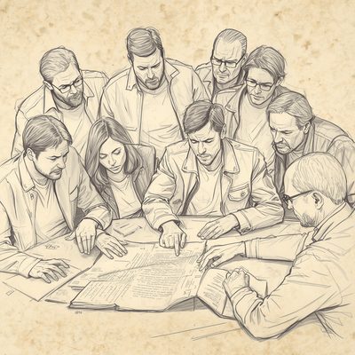 Desenho de integrantes reunidos em volta de documentos e folhas, elaborando o estatuto do Moto Clube
