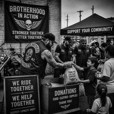 Integrantes de um Moto Clube entregando doações de alimentos e roupas em uma ação social