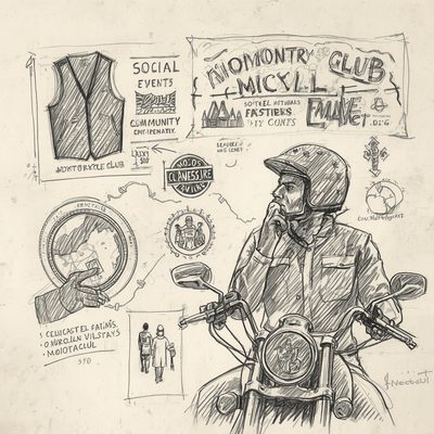 Desenho de um motociclista pensativo ao lado de esboços de colete, escudo e símbolos, refletindo sobre o propósito de criar um Moto Clube