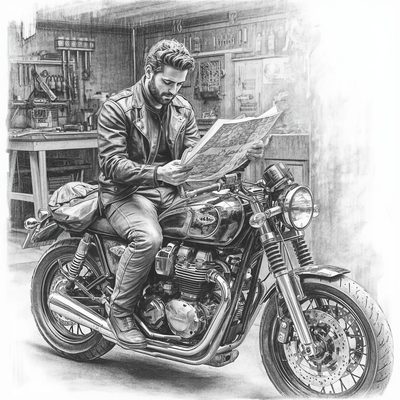 Desenho de um motociclista lendo um mapa sentado em sua motocicleta em uma oficina, representando o aprendizado contínuo