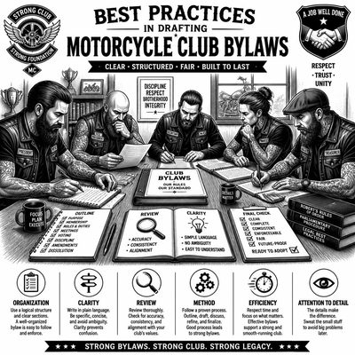 Integrantes de um Moto Clube reunidos à mesa revisando o estatuto, com cadernos e uma lista de verificação