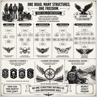 Ilustração com diferentes modelos de estrutura de Moto Clube, do mais simples ao mais complexo, mostrando que cada clube possui sua própria organização