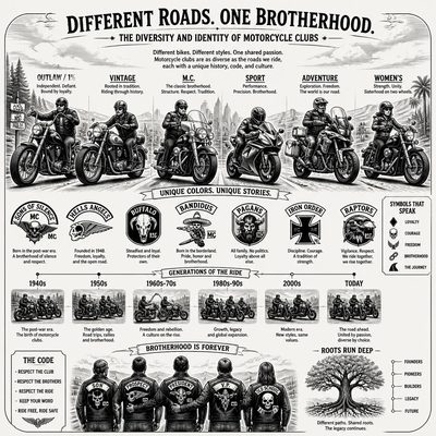 Ilustração da diversidade de estilos e identidades dos Moto Clubes, com escudos e gerações de motociclistas
