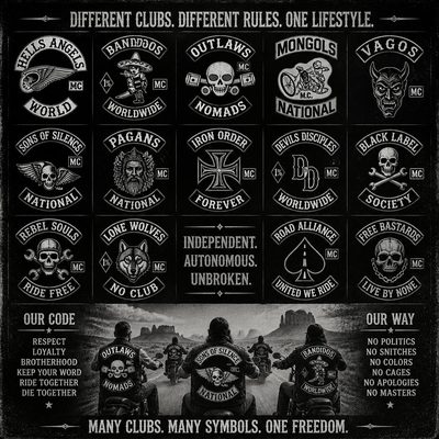 Coletes de diferentes Moto Clubes lado a lado, representando a identidade e as normas próprias de cada organização