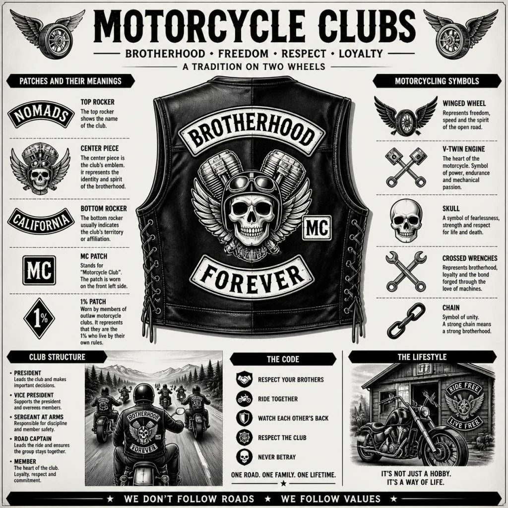 Colete de motociclista com escudos e patches representando a identidade visual de um Moto Clube.
