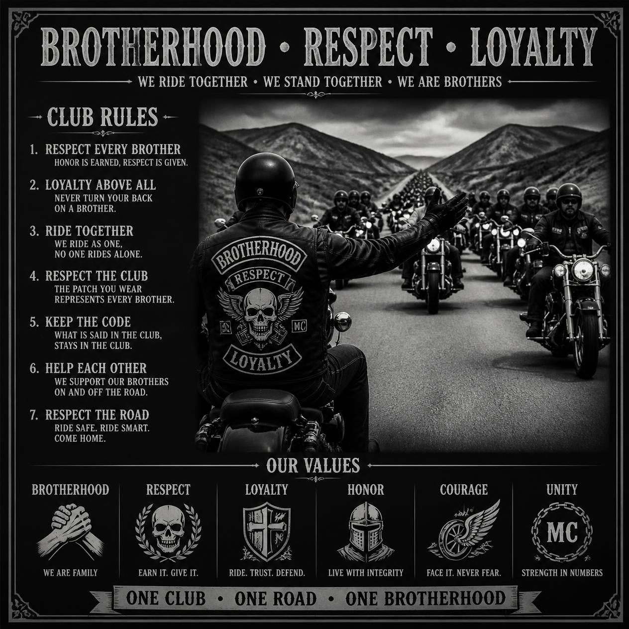 Integrantes de Moto Clubes reunidos durante um encontro motociclístico demonstrando respeito e companheirismo.