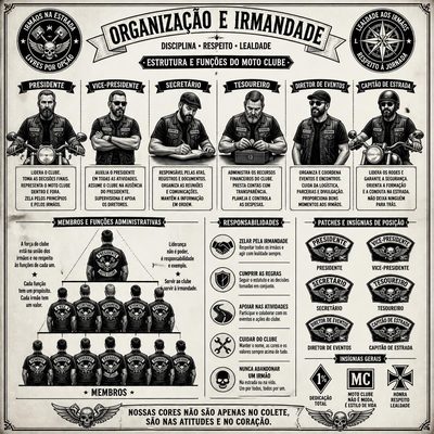 Quadro com os cargos mais comuns em Moto Clubes: presidente, vice-presidente, secretário, tesoureiro, diretor de eventos e capitão de estrada