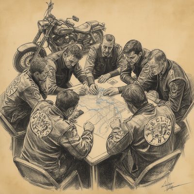 Grupo de motociclistas reunido planejando a criação de um novo Moto Clube.