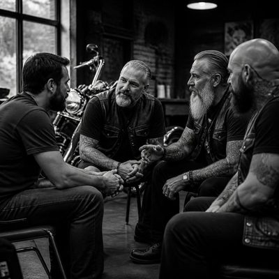 Integrantes de Moto Clubes conversando em uma sala com uma motocicleta ao fundo