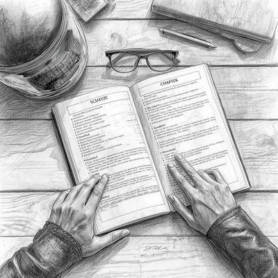 Mãos sobre um livro aberto de capítulos, ao lado de óculos e caneta, representando a organização dos capítulos do estatuto