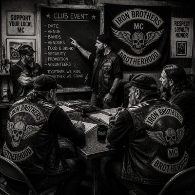 Integrantes de um Moto Clube reunidos em volta de uma mesa organizando um evento do clube