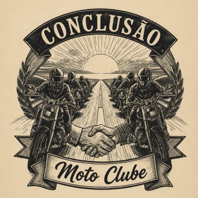 Ilustração de motociclistas lado a lado em uma estrada ao nascer do sol, com um aperto de mãos ao centro, representando a conclusão