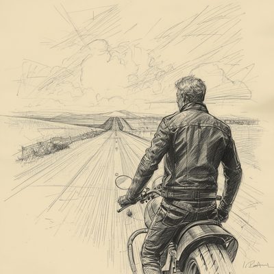 Desenho de um motociclista em uma estrada reta olhando para o horizonte, simbolizando o futuro do Moto Clube