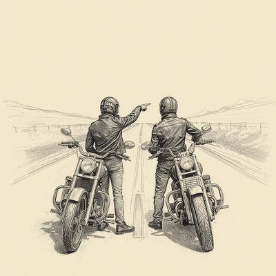 Desenho de dois motociclistas parados em uma estrada, um deles apontando o caminho à frente, representando o crescimento com responsabilidade
