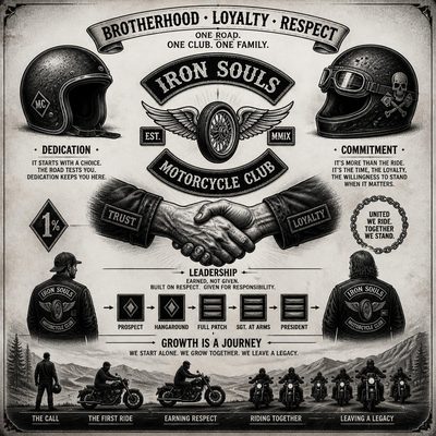 Ilustração da jornada de crescimento dentro de um Moto Clube, com dedicação, compromisso e confiança ao longo do tempo