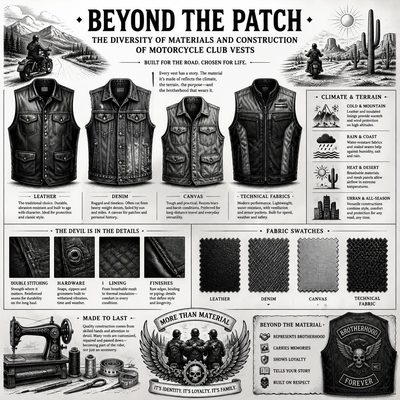Quadro com os diferentes materiais usados em coletes de Moto Clubes: couro, jeans, lona e tecidos técnicos