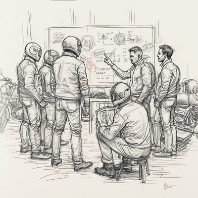 Desenho de motociclistas reunidos diante de um quadro, discutindo a identidade do futuro Moto Clube
