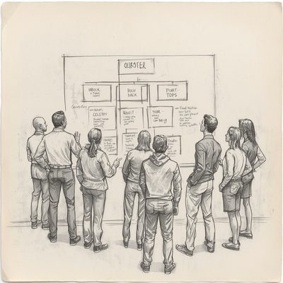 Desenho de um grupo diante de um organograma com as funções e responsabilidades do Moto Clube