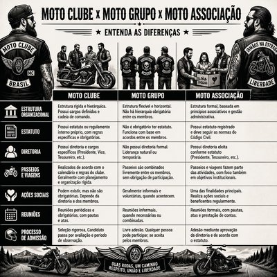 Infográfico comparando Moto Clube, Moto Grupo e Moto Associação em estrutura, estatuto, diretoria, passeios, ações sociais, reuniões e admissão