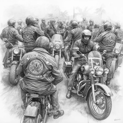 Encontro de integrantes de vários Moto Clubes reunidos com coletes e motocicletas