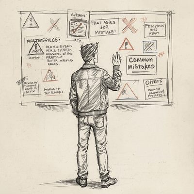 Desenho de uma pessoa diante de um quadro com avisos sobre erros comuns na criação de um Moto Clube