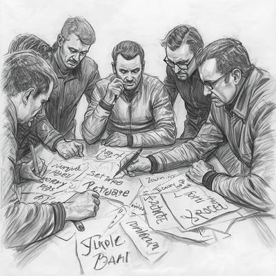 Desenho de integrantes escrevendo sugestões de nomes em papéis sobre uma mesa durante a escolha do nome do Moto Clube