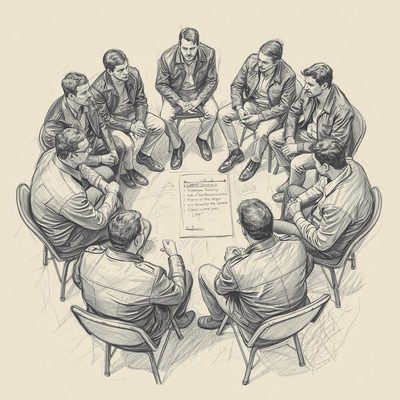 Desenho de integrantes sentados em círculo ao redor de uma lista de regras de convivência