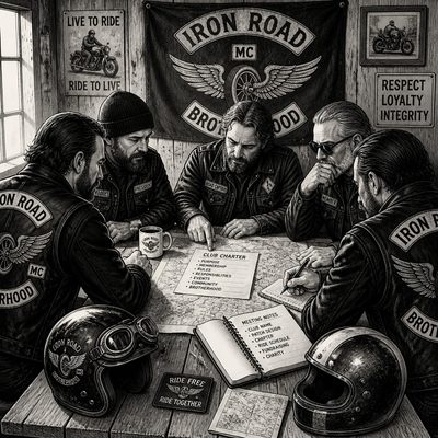 Integrantes de um Moto Clube reunidos elaborando o estatuto e planejando a organização da entidade.
