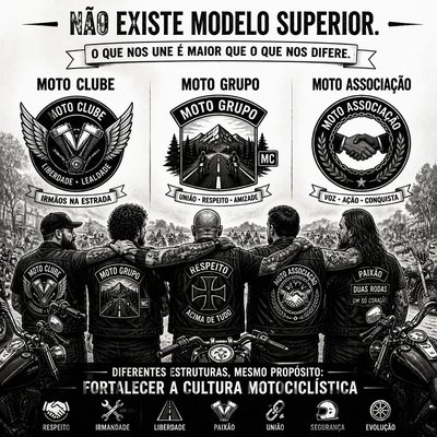 Emblemas de Moto Clube, Moto Grupo e Moto Associação sobre motociclistas abraçados, com a mensagem de que não existe modelo superior
