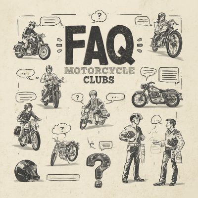 Ilustração com motociclistas e balões de conversa representando as perguntas frequentes sobre Moto Clubes