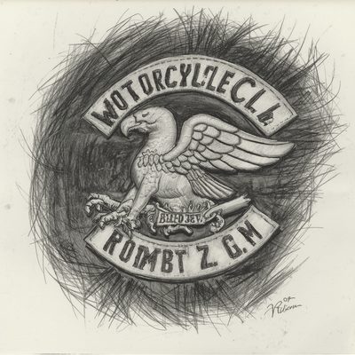 Desenho de um escudo de Moto Clube com águia e faixas, representando a identificação da organização