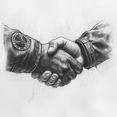Aperto de mãos entre dois integrantes, um deles com patch de Moto Clube no braço, representando o vínculo entre os integrantes