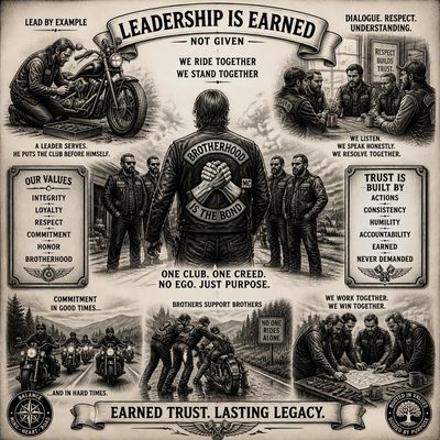 Ilustração sobre liderança em um Moto Clube: o líder serve, dá o exemplo, dialoga e constrói a confiança com os irmãos