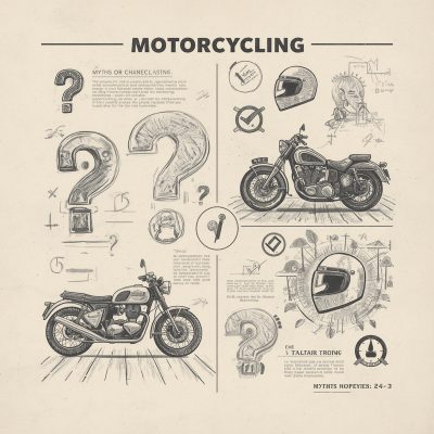 Ilustração com pontos de interrogação e motocicletas representando mitos e verdades sobre os Moto Clubes