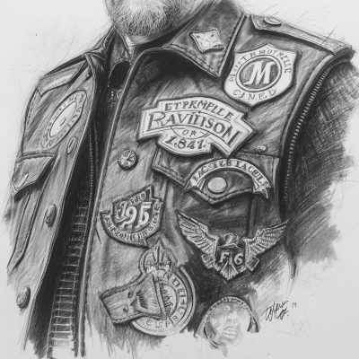 Desenho de colete de motociclista com escudos, brasões e patches de Moto Clube