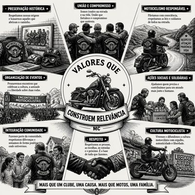 Infográfico com os valores que constroem a relevância de um Moto Clube, como união, respeito, ações sociais e cultura motociclista