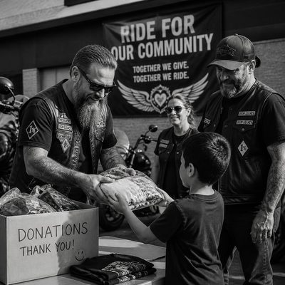 Integrantes de um Moto Clube entregando doações a uma criança durante uma ação beneficente