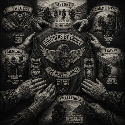 Mãos de integrantes sobre um colete de couro com patches de valores, história, amizade, compromisso, viagens e desafios