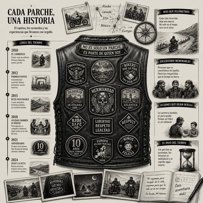 Colete de couro com patches de viagens, encontros e campanhas, representando a história do integrante