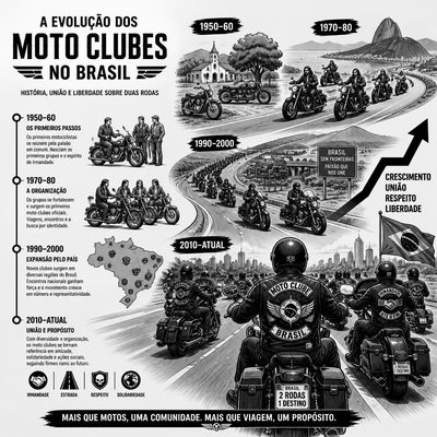 Linha do tempo ilustrada da evolução dos Moto Clubes no Brasil, das primeiras décadas aos dias atuais