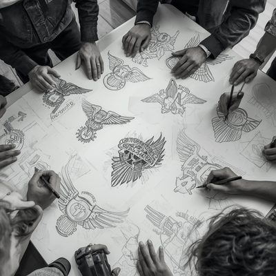 Mãos de integrantes desenhando esboços de escudos com asas sobre uma mesa, criando o escudo do Moto Clube