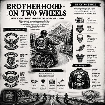 Ilustração de motociclista com emblemas e símbolos que representam a identidade de um Moto Clube, como águia, lobo, caveira e motor