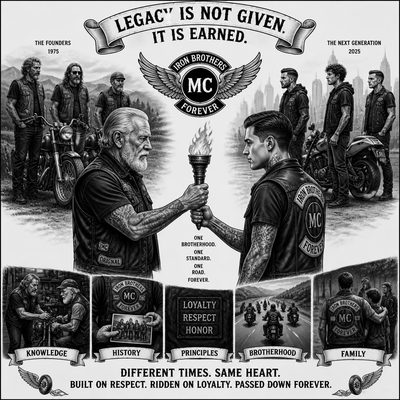 Integrante mais velho passando uma tocha a um jovem integrante, representando a continuidade e o legado do Moto Clube