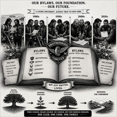 Linha do tempo ilustrada de integrantes revisando o estatuto ao longo das décadas, com um livro aberto e uma árvore crescendo