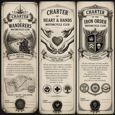 Três cartas ilustradas de Moto Clubes diferentes, cada uma com identidade e símbolos próprios