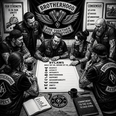 Integrantes reunidos ao redor de um estatuto em construção, discutindo em conjunto as regras do Moto Clube