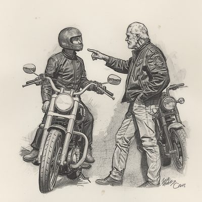Desenho de um motociclista experiente orientando um jovem motociclista, representando o exemplo dos fundadores